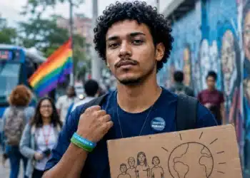 Jovem segura cartaz sobre cidadania em espaço urbano durante representação do Dia Nacional dos Direitos Humanos.
