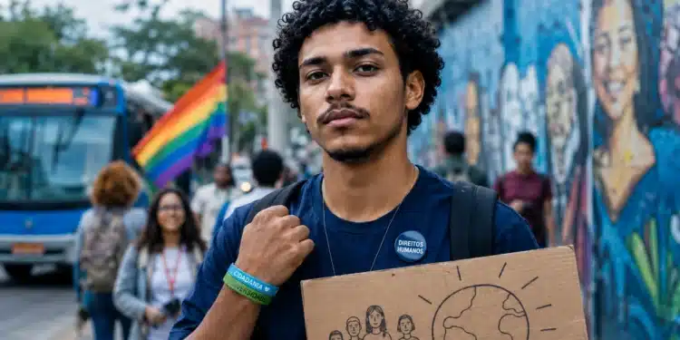 Jovem segura cartaz sobre cidadania em espaço urbano durante representação do Dia Nacional dos Direitos Humanos.