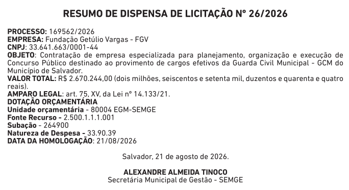 Resumo de dispensa de licitação confirma contratação da FGV para organizar o concurso da Guarda Municipal de Salvador.