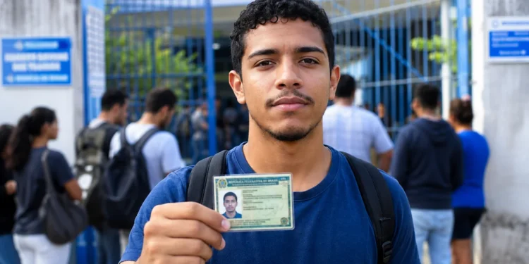 Jovem candidato segura documento de identificação na entrada de escola, representando os documentos exigidos para a aplicação do Encceja 2026.