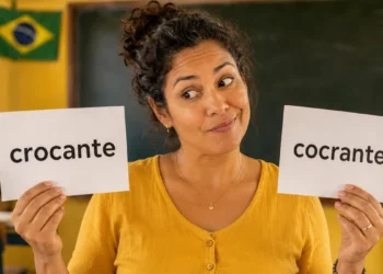 Professora segura cartões com as palavras “crocante” e “cocrante” em sala de aula.