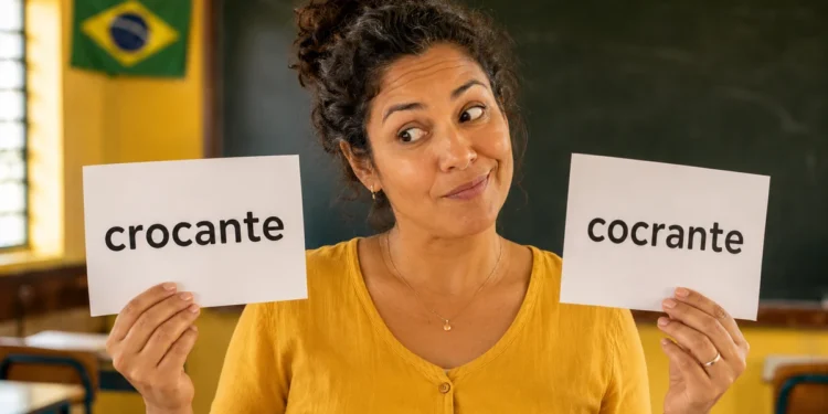 Professora segura cartões com as palavras “crocante” e “cocrante” em sala de aula.