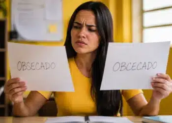 Jovem compara as palavras “obsecado” e “obcecado” escritas em folhas de papel, representando a dúvida sobre a grafia correta.