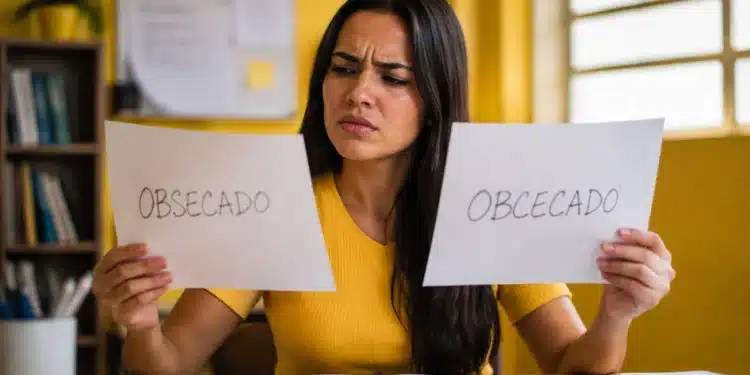Jovem compara as palavras “obsecado” e “obcecado” escritas em folhas de papel, representando a dúvida sobre a grafia correta.