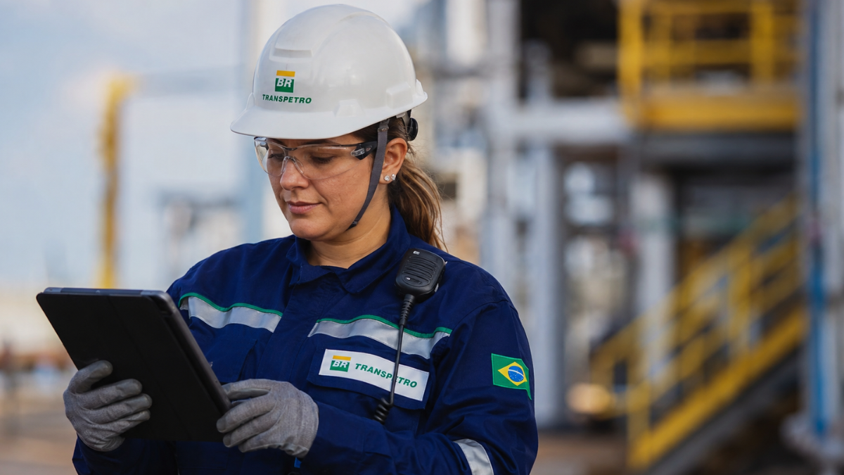 Profissional da Transpetro utiliza tablet em área industrial durante atividade de trabalho.