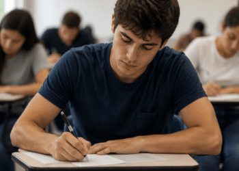 Estudante realizando redação durante prova do Encceja 2026 em sala de aula.