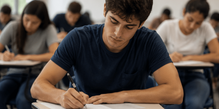 Estudante realizando redação durante prova do Encceja 2026 em sala de aula.