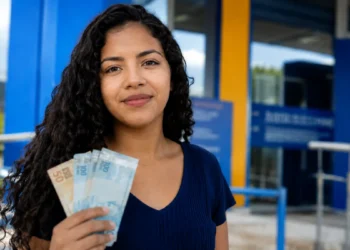 Estudante segura notas de real em frente a uma agência bancária, representando o encerramento dos pagamentos do Pé-de-Meia em agosto.