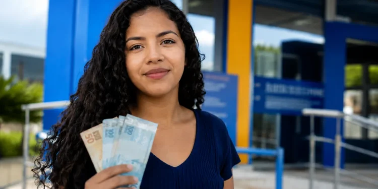 Estudante segura notas de real em frente a uma agência bancária, representando o encerramento dos pagamentos do Pé-de-Meia em agosto.
