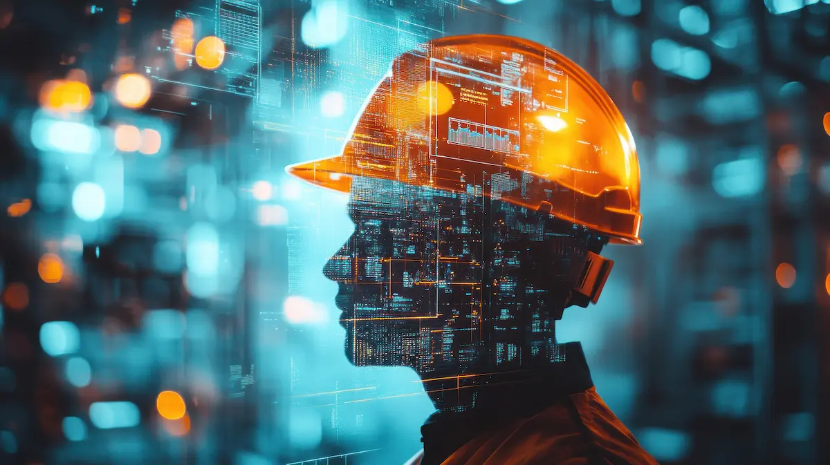 Profissional de engenharia de IA com capacete de segurança representando tecnologia, programação e desenvolvimento de sistemas inteligentes.
