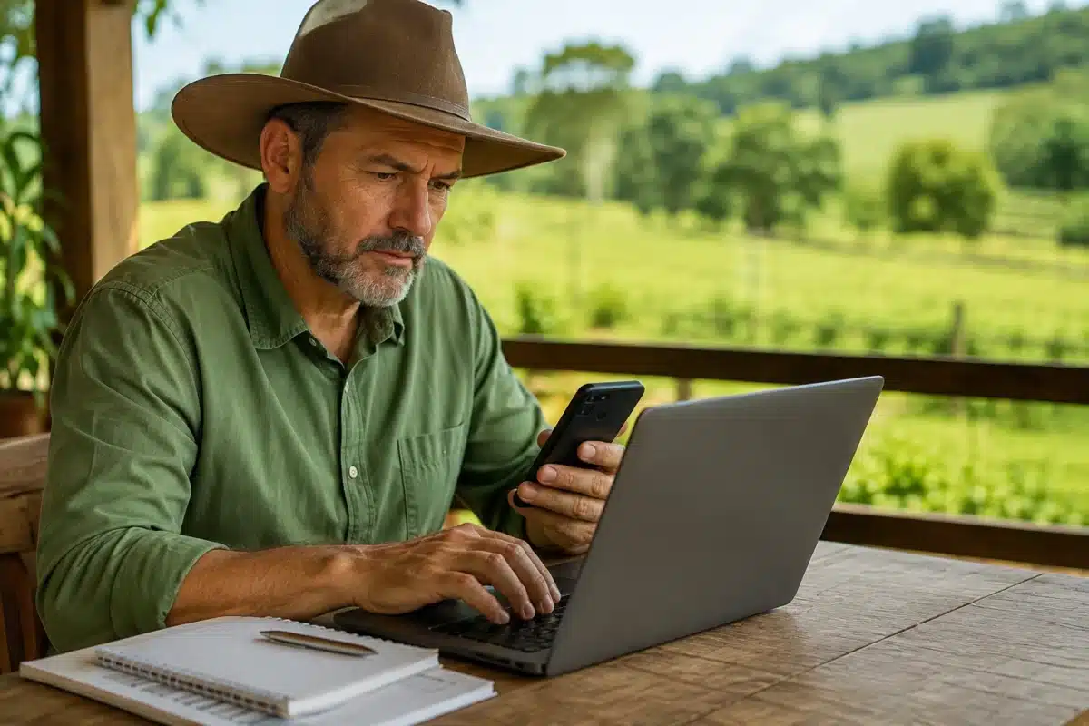 Envio online da DITR 2026 pelo sistema da Receita Federal Produtor rural usando notebook e celular para acessar o sistema online da DITR 2026