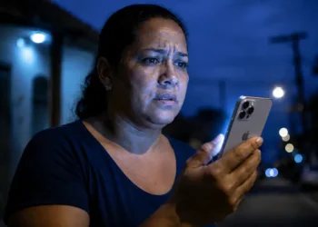 Mulher usando iPhone durante chamada de emergência, representando o recurso de envio de imagens ao vivo em ocorrências pelo 190.