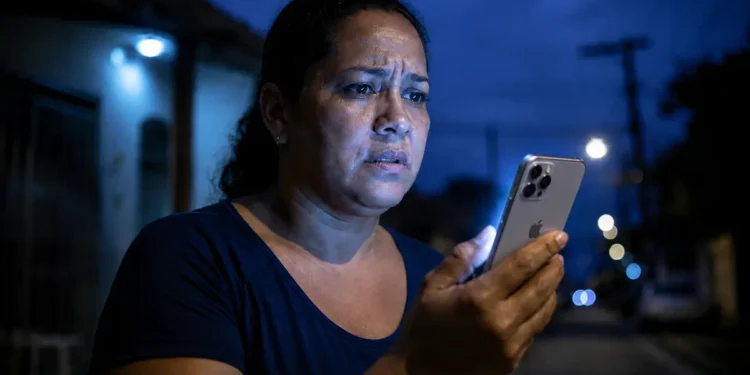 Mulher usando iPhone durante chamada de emergência, representando o recurso de envio de imagens ao vivo em ocorrências pelo 190.