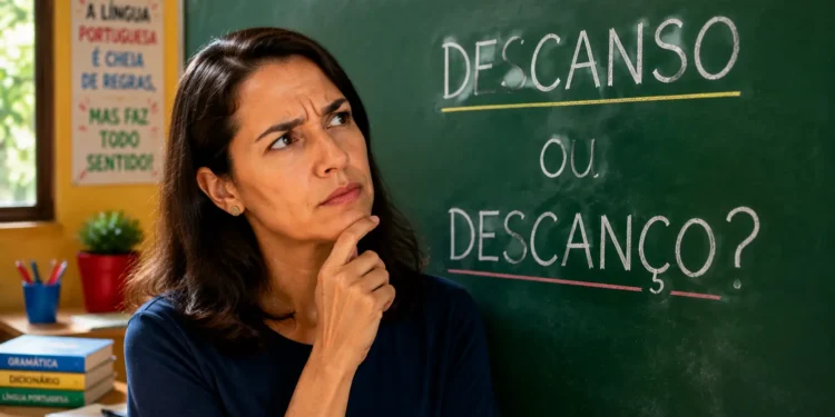 Professora analisando a escrita das palavras descanso ou descanço no quadro durante aula de português.