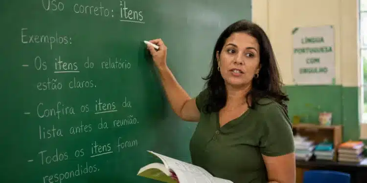 Professora explica no quadro o uso correto da palavra itens em português