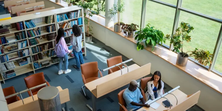 Estudantes em biblioteca universitária representando o processo de mudança de faculdade para universidade conforme critérios do MEC.