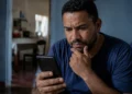 Homem observa o celular com expressão de desconfiança, representando o golpe envolvendo falso acordo do Desenrola e cobrança via Pix.