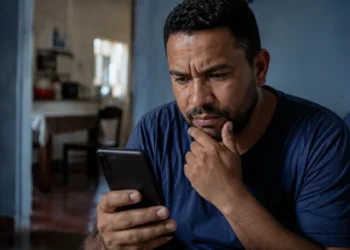 Homem observa o celular com expressão de desconfiança, representando o golpe envolvendo falso acordo do Desenrola e cobrança via Pix.