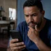 Homem observa o celular com expressão de desconfiança, representando o golpe envolvendo falso acordo do Desenrola e cobrança via Pix.