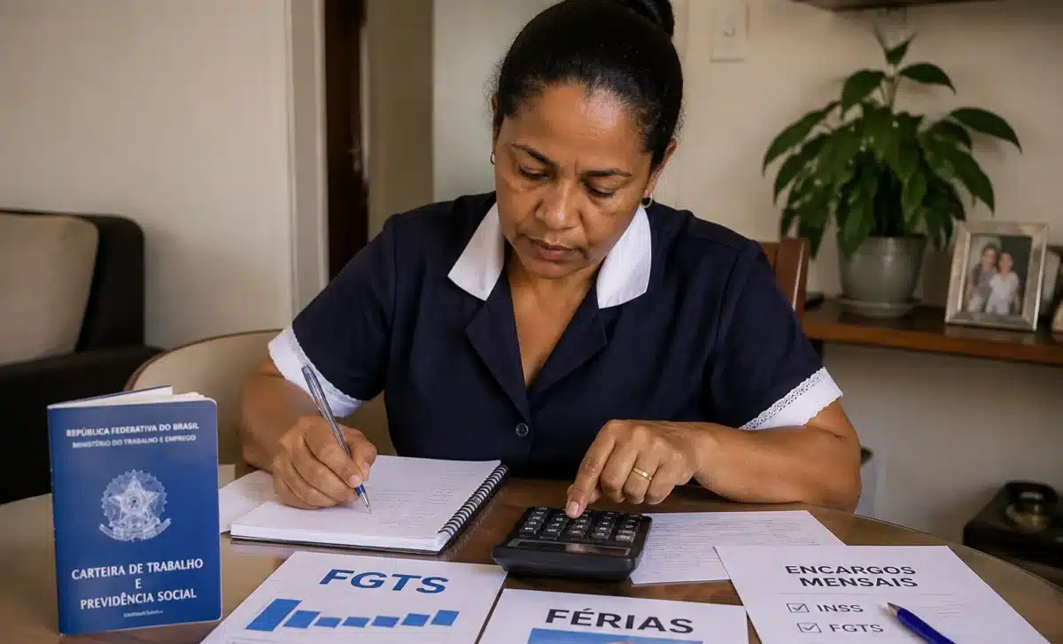 Trabalhadora doméstica - FGTS, férias e encargos mensais Empregada doméstica calcula valores relacionados ao FGTS, às férias e aos encargos trabalhistas mensais.