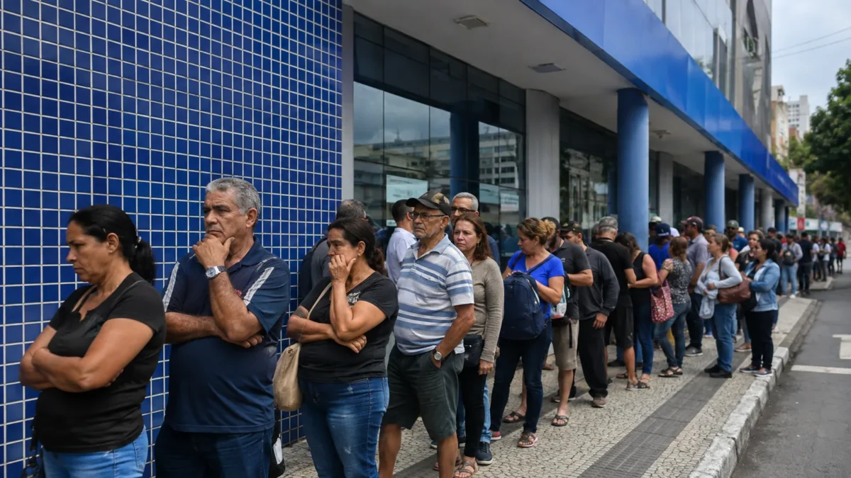 Pessoas aguardam atendimento em fila ligada ao INSS, representando o estoque de requerimentos em 2026.