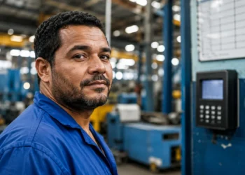 Trabalhador de fábrica com uniforme azul ao lado de relógio de ponto, representando o fim da escala 6x1.