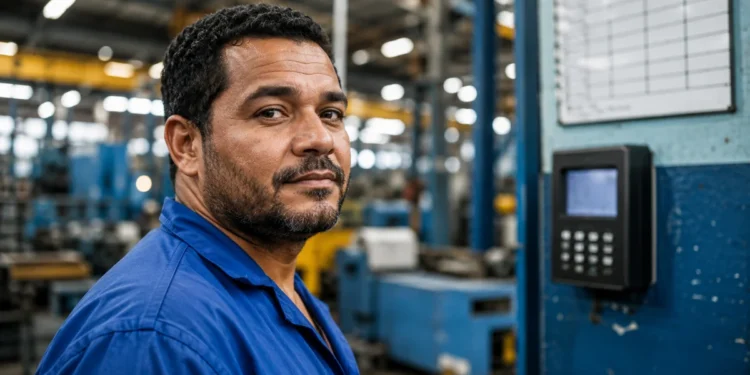 Trabalhador de fábrica com uniforme azul ao lado de relógio de ponto, representando o fim da escala 6x1.