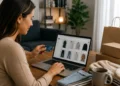 Mulher faz compras de roupas pela internet com cartão de crédito, em referência ao possível fim da taxa das blusinhas.