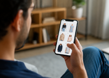 Pessoa consulta roupas em loja online pelo celular, representando compras internacionais de até US$ 50.