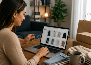 Mulher faz compras de roupas pela internet com cartão de crédito, em referência ao possível fim da taxa das blusinhas.