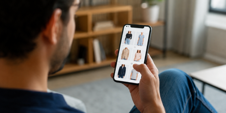 Pessoa consulta roupas em loja online pelo celular, representando compras internacionais de até US$ 50.