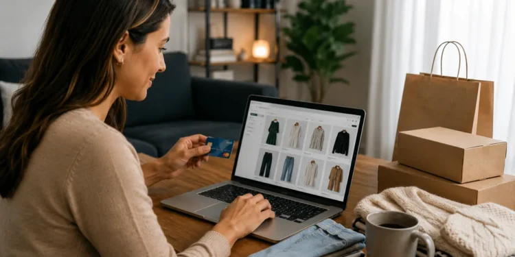 Mulher faz compras de roupas pela internet com cartão de crédito, em referência ao possível fim da taxa das blusinhas.