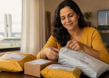Mulher abre pacotes de compras internacionais recebidos em casa, representando a aprovação do fim da “taxa das blusinhas”.