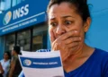 Mulher lê documento em frente a uma agência do INSS após o encerramento definitivo do Meu INSS Vale+.