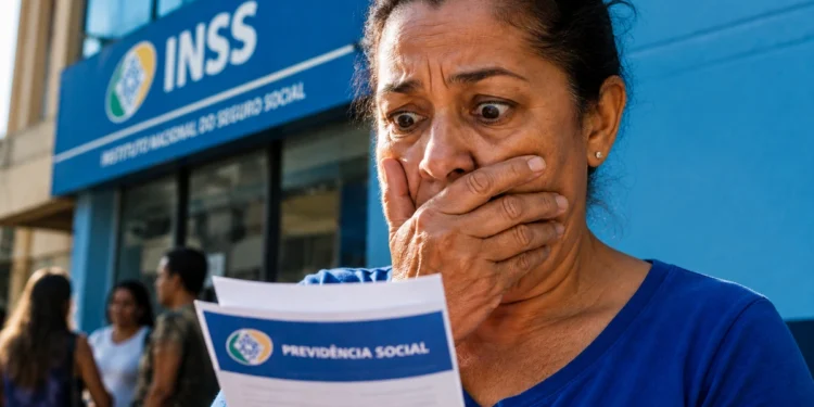 Mulher lê documento em frente a uma agência do INSS após o encerramento definitivo do Meu INSS Vale+.