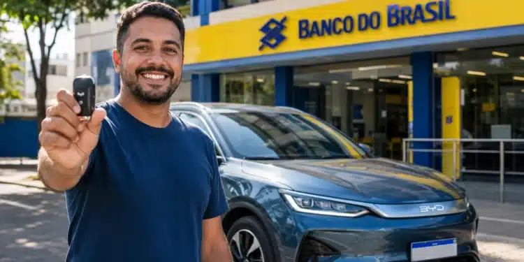 Motorista segura chave ao lado de carro elétrico BYD em frente a uma agência do Banco do Brasil.