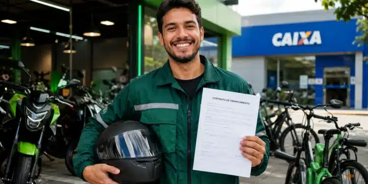 Jovem entregador segura capacete e contrato de financiamento diante de motos e bicicletas elétricas, com agência da Caixa ao fundo.