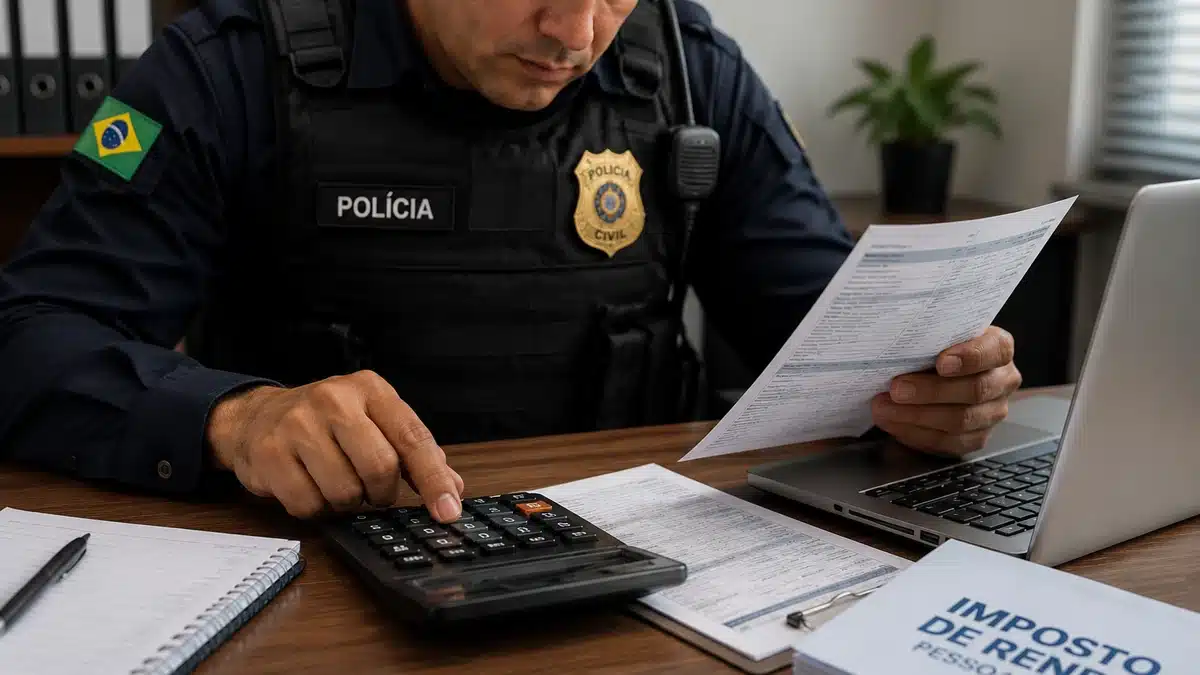 Policial analisa documentos relacionados à ordem de prioridade da restituição do IRPF.