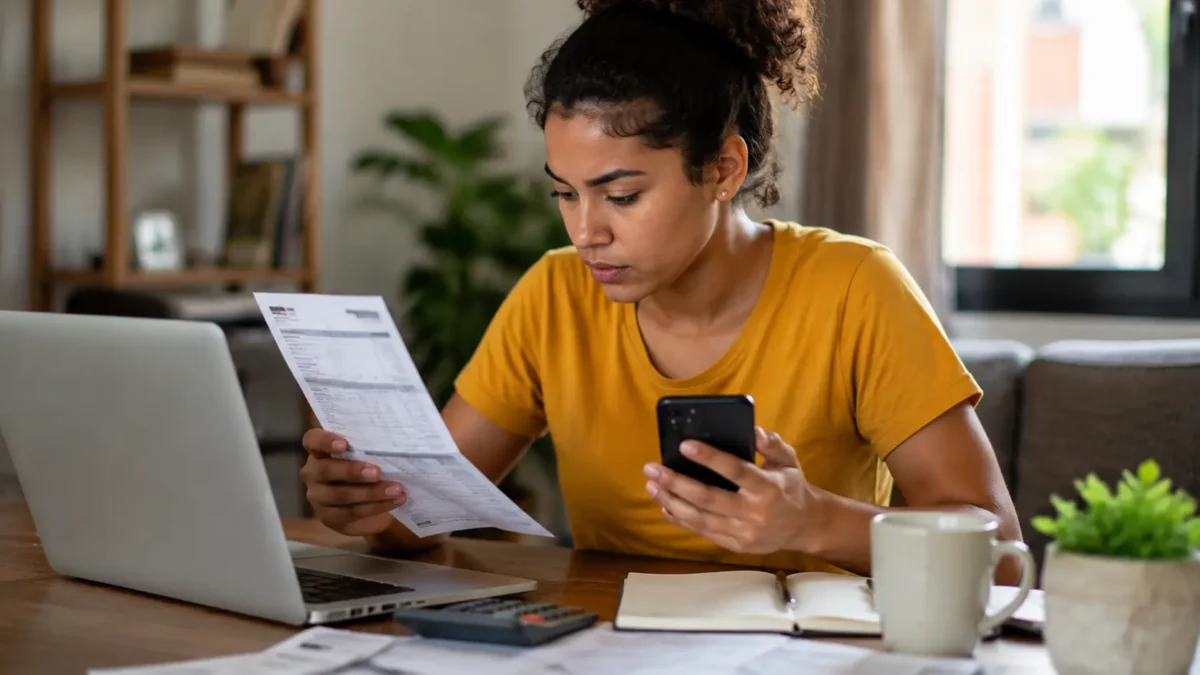 Mulher analisando documentos e celular em casa para verificar condições de renegociação de dívidas pelo Desenrola 2.0.