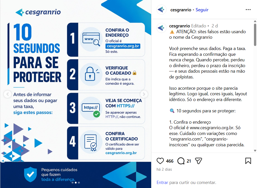 Alerta da Cesgranrio orienta candidatos a identificar sites falsos e evitar golpes durante inscrições em concursos públicos.