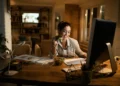 Mulher trabalhando em home office diante do computador durante uma refeição.
