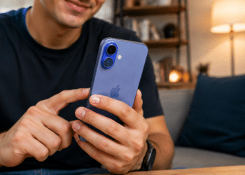 Homem sorrindo interage com iPhone azul enquanto está sentado em sofá, com luminária ao fundo.