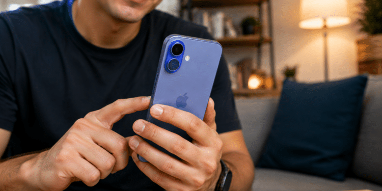 Homem sorrindo interage com iPhone azul enquanto está sentado em sofá, com luminária ao fundo.