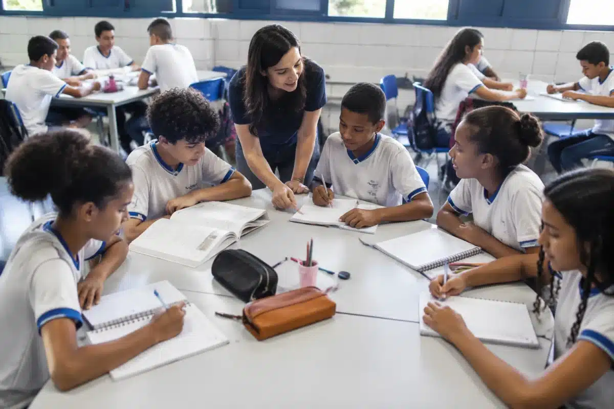 Escola de tempo integral - Ampliação de oportunidades de aprendizagem dos estudantes Alunos participam de atividades de aprendizagem em escola de tempo integral com acompanhamento de professora