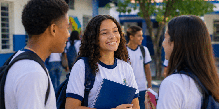 Estudantes conversam no pátio de uma escola pública, representando o avanço do Ideb na educação brasileira.