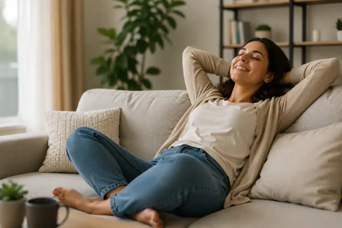 Fim da escala 6x1 pode ampliar o período de descanso dos trabalhadores Trabalhadora descansando em casa, representando a possibilidade de mais folgas com o fim da escala 6x1.