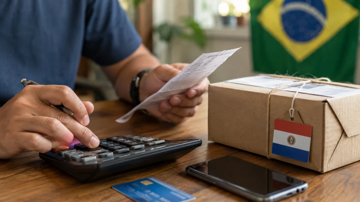 Consumidor calcula impostos de uma compra importada do Paraguai ao lado de encomenda e calculadora.