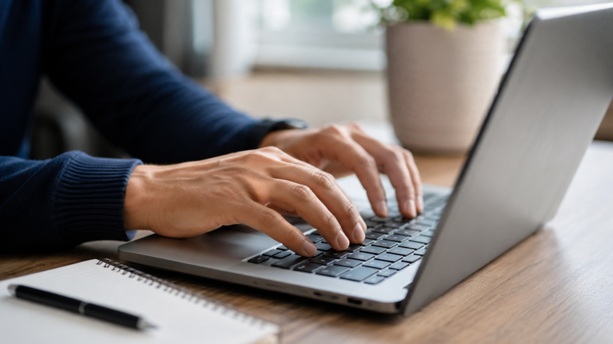 Mãos digitando em notebook para realizar inscrição no concurso da Seduc PA 2026.