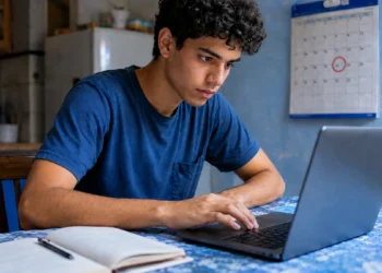 Jovem acessa o notebook, representando a inscrição e a conferência das datas do vestibular da Fuvest.