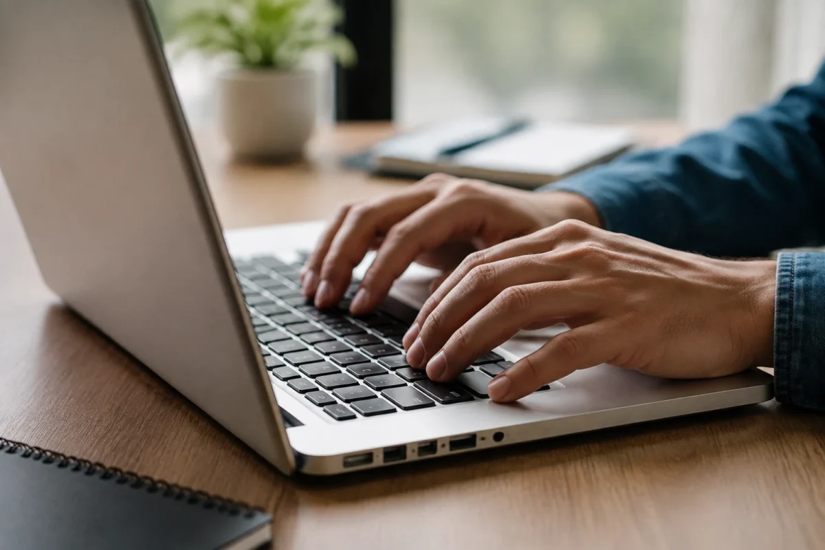 Mãos de profissional utilizando notebook para realizar inscrições em programas de residência em saúde